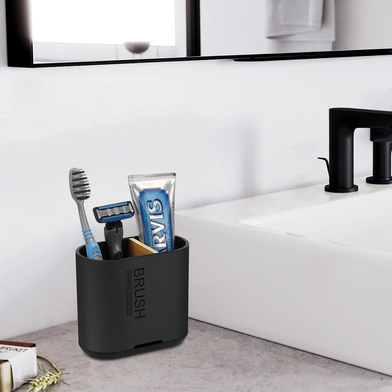 Chintu Toothbrush and Toothpaste Holder with Bamboo Divider for Bathroom Countertop Organizer, Detachable for Easy Clean, 2 Slots Electric Toothbrush Holders Storage Caddy Drainage for Family-Black - Image 2